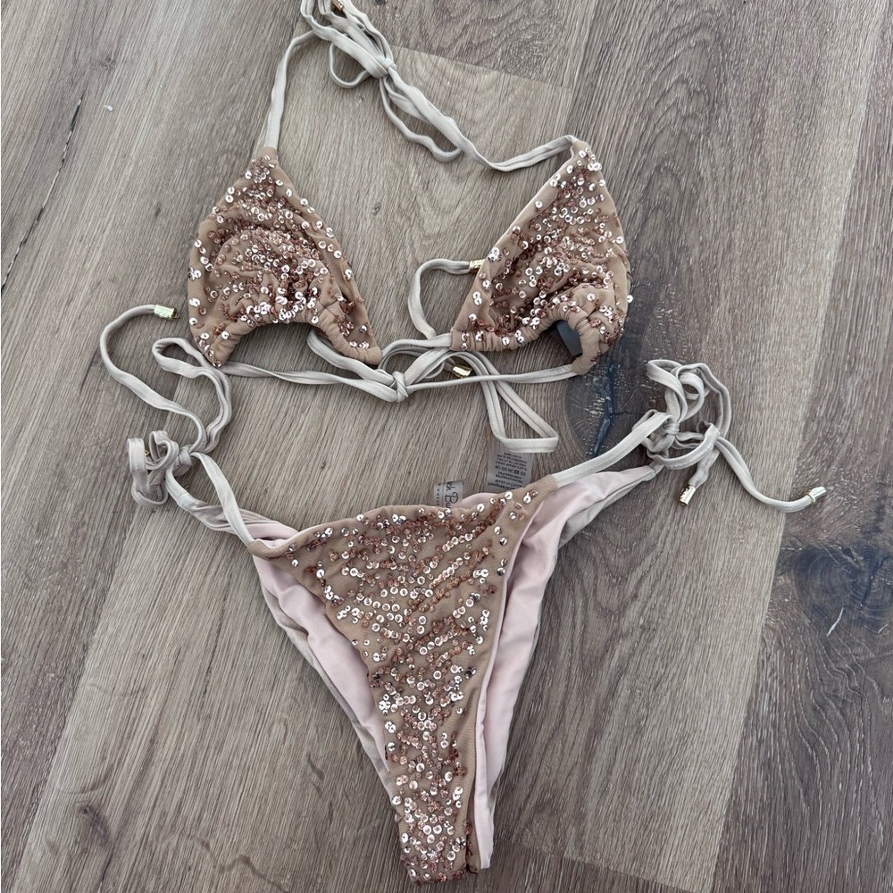 Beach Bunny Sequin Bikini in Tan/Gold Small